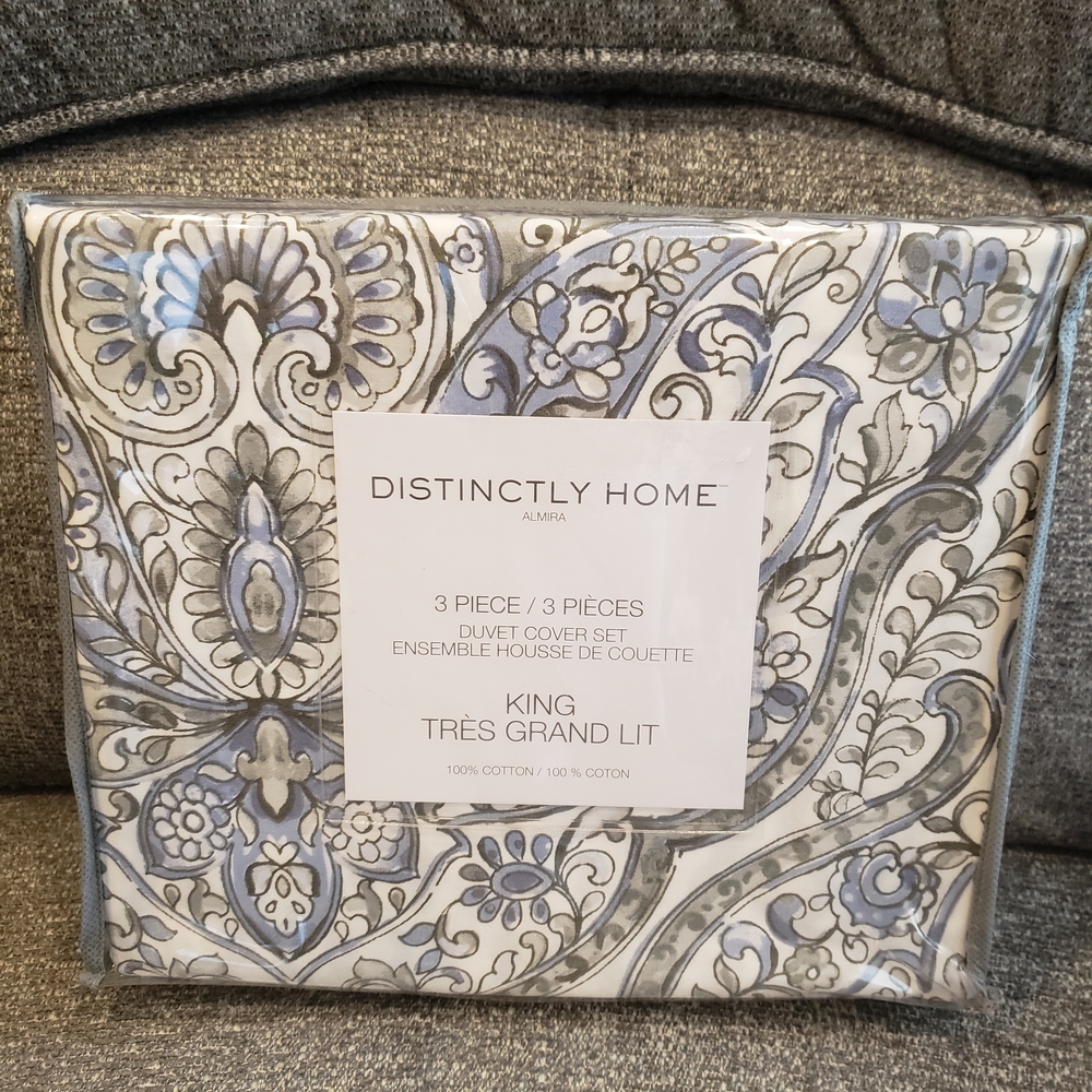 Distinctly Home ALMIRA Blue Gray Paisley King 100% Cotton 3pcDuvet Cover Set NIB